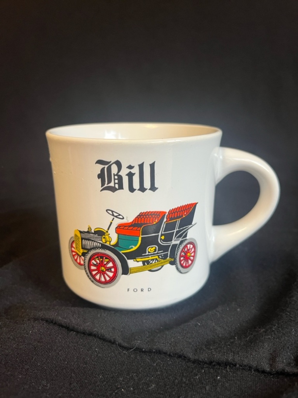 Personalized White Ceramic Mug with Vintage Ford Car Graphic - 'Bill'